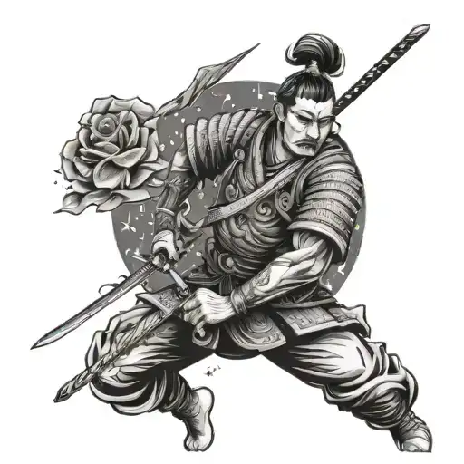 A Japanese samurai warrior with a rose in one hand and a dagger in the other, surrounded by stars tattoo design idea