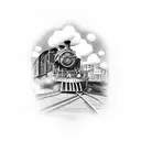 steam train on tracks with woven details armband heaven clouds tattoo design idea