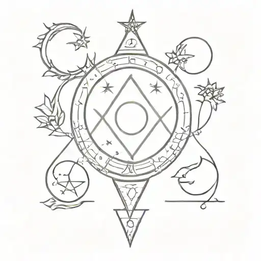 tarot moon card, tarot magician card and tarot justice card intertwined and personified. tattoo design idea