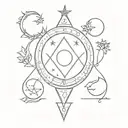 tarot moon card, tarot magician card and tarot justice card intertwined and personified. tattoo design idea