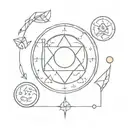 tarot moon card, tarot magician card and tarot justice card intertwined and personified. tattoo design idea