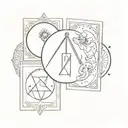 tarot moon card, tarot magician card and tarot justice card intertwined and personified. tattoo design idea