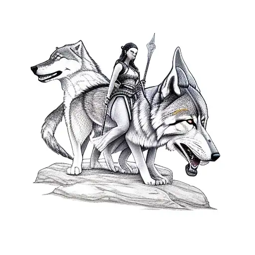female mythological warrior standing behind a large wolf which is standing behind a small boy that's sitting.  tattoo design idea