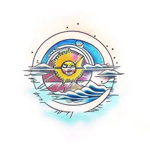 sun and moon with water, in a masculine style tattoo design idea