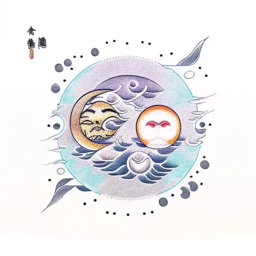 sun and moon with water, in a masculine style tattoo design idea