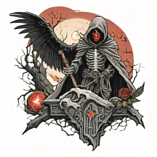 Dark Grim Reaper In Graveyard With Crows In Background and A Red Blood Moon tattoo design idea