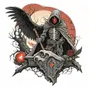 Dark Grim Reaper In Graveyard With Crows In Background and A Red Blood Moon tattoo design idea