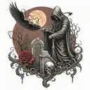 Dark Grim Reaper In Graveyard With Crows In Background and A Red Blood Moon tattoo design idea