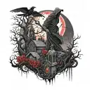 Dark Grim Reaper In Graveyard With Crows In Background and A Red Blood Moon tattoo design idea