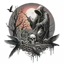 Dark Grim Reaper In Graveyard With Crows In Background and A Red Blood Moon tattoo design idea