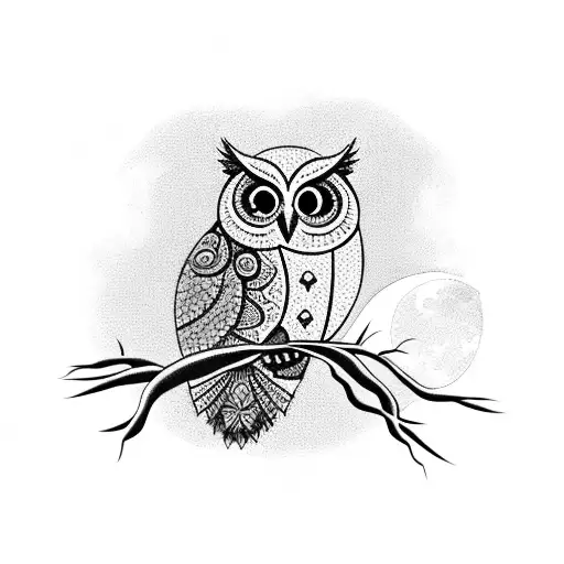 lace type owl perched on a tree branch in a midevial setting with the moon and a cobblestone wall in the background tattoo design idea