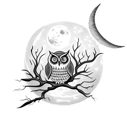 lace type owl perched on a tree branch in a midevial setting with the moon and a cobblestone wall in the background tattoo design idea
