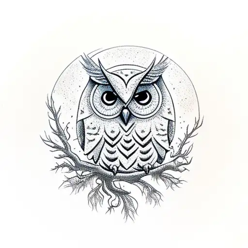 lace type owl perched on a tree branch in a midevial setting with the moon and a cobblestone wall in the background tattoo design idea