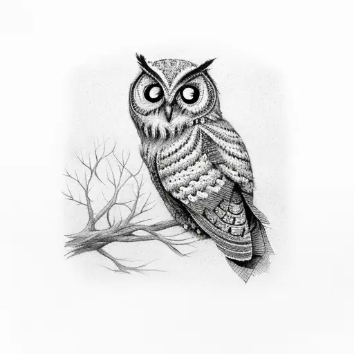 lace type owl perched on a tree branch in a midevial setting with t a cobblestone wall in the background tattoo design idea