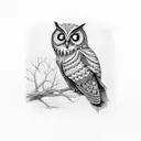 lace type owl perched on a tree branch in a midevial setting with t a cobblestone wall in the background tattoo design idea