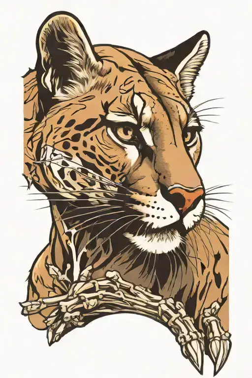 cougar laying down front view, half of it is its skeleton  tattoo design idea