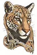 cougar laying down front view, half of it is its skeleton  tattoo design idea