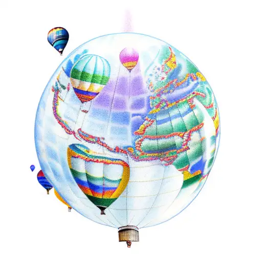 A new-school tattoo design of a globe with colorful hot air balloons floating above it, symbolizing the client's love for travel and freedom tattoo design idea