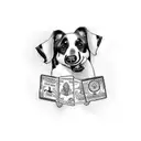 A realistic portrait of the client's beloved dog with a passport in its mouth, symbolizing the freedom to travel tattoo design idea