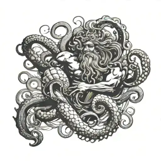 poseidon fighting an octopus over the sea tattoo design idea