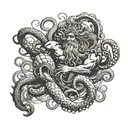 poseidon fighting an octopus over the sea tattoo design idea