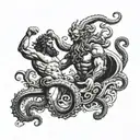 poseidon fighting an octopus over the sea tattoo design idea