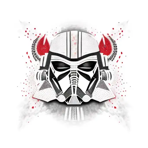 trash polka style. masked Darth Revan in mostly black, red, grey. small embers rising around Darth Revan.  tattoo design idea