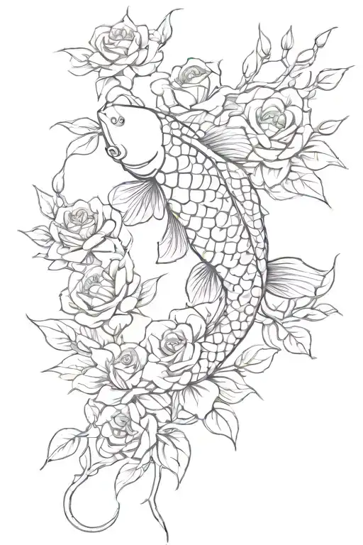 I want a koi carp that would stand on the forearm, the koi carp is trapped by thorns of a rose bush, the rose bush must r tattoo design idea