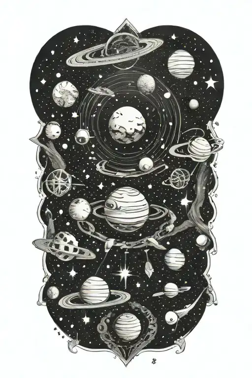 A sprawling non-circular collage of outer space with a galaxy, stars, a distant starship, a nebula, and a ringed planet tattoo design idea