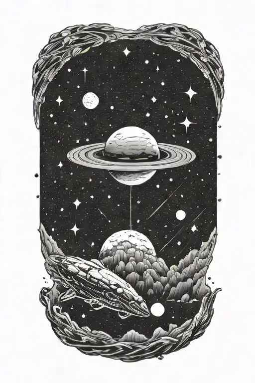 galactic scene with a comet, nebula, ringed planet, stars, a tiny starship in the distance, and stardust tattoo design idea