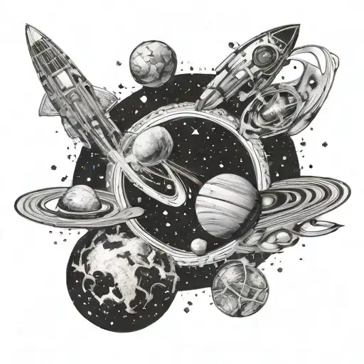 A sprawling non-circular collage of outer space with a galaxy, stars, a distant starship, a nebula, and a ringed planet tattoo design idea