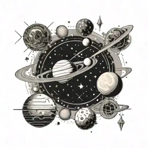 A sprawling non-circular collage of outer space with a galaxy, stars, a distant starship, a nebula, and a ringed planet tattoo design idea