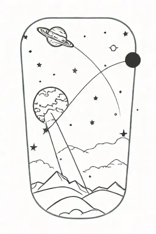 galactic scene with a comet, nebula, ringed planet, stars, a tiny starship in the distance, and stardust tattoo design idea