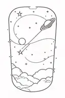galactic scene with a comet, nebula, ringed planet, stars, a tiny starship in the distance, and stardust tattoo design idea