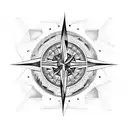 Design a intricately crafted compass positioned above a mountain landscape, adorned with pine trees tattoo design idea