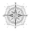 Design a intricately crafted compass positioned above a mountain landscape, adorned with pine trees tattoo design idea