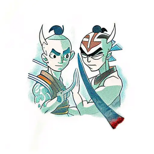 Avatar Aang and Samurai Jack bowing to each other tattoo design idea