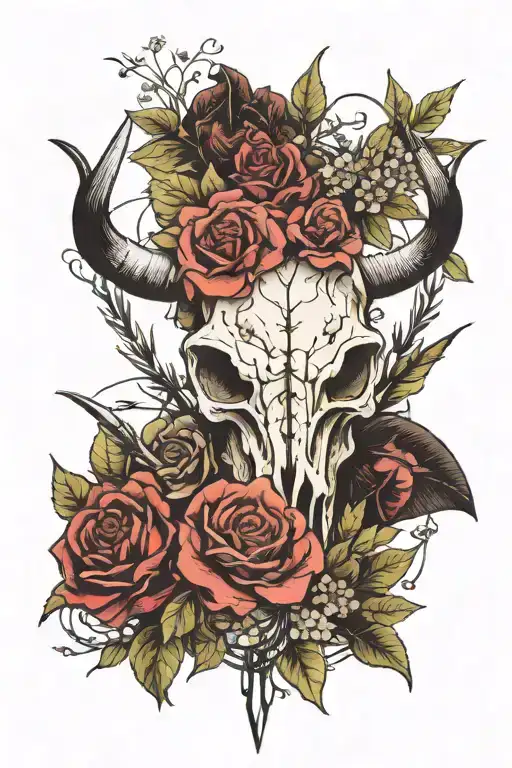 arrows, bull skull, barbed wire, wild flowers growing tattoo design idea