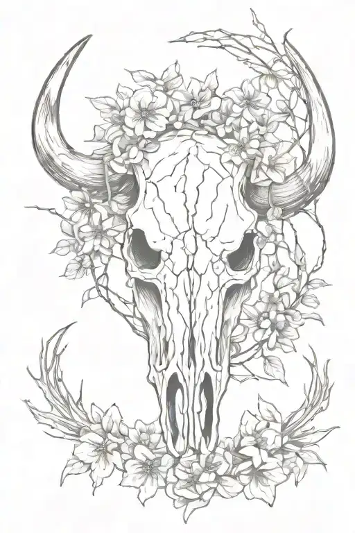bull skull, barbed wire, wild flowers tattoo design idea