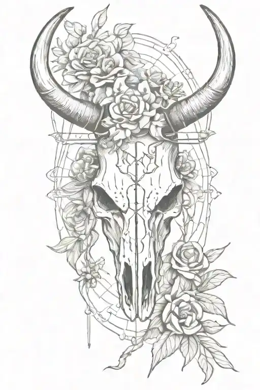flowers and half a long horn bull skull with arrows and barbed wire tattoo design idea