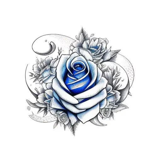blue rose, rabbit, crescent moon tattoo design idea