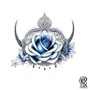 blue rose, rabbit, crescent moon tattoo design idea