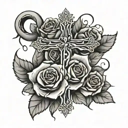 cross, 5 roses, cancer ribbon and roses surrounding tattoo design idea