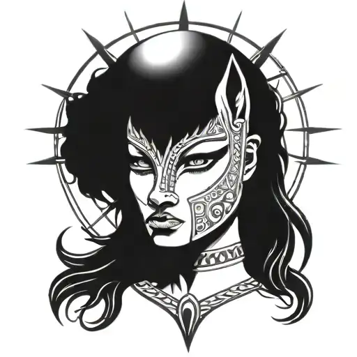 Cleopatra, Sun, Anubis, Sand speckles tattoo design idea