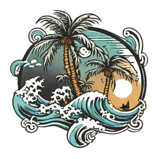 Waves and palm trees tattoo design idea