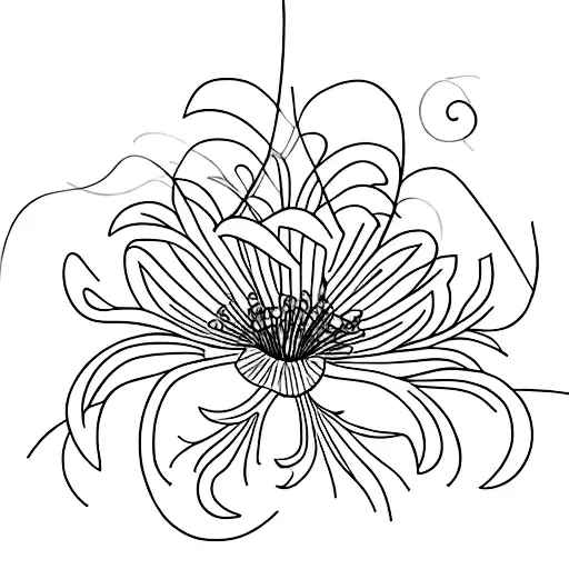 A minimalist tattoo design showcasing a spider lily flower with subtle creatures, plants and animals into the design tattoo design idea