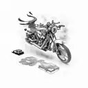 A tattoo machine and a motorcycle engine depicted as powerful and dynamic creatures in an epic battle tattoo design idea