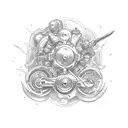 A tattoo machine and a motorcycle engine depicted as powerful and dynamic creatures in an epic battle tattoo design idea