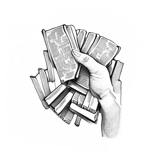 A skeletal hand holding a deck of cards, with books stacked around  tattoo design idea