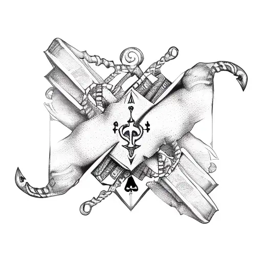 A skeletal hand holding a deck of cards, with books stacked around it forming a ship's anchor tattoo design idea